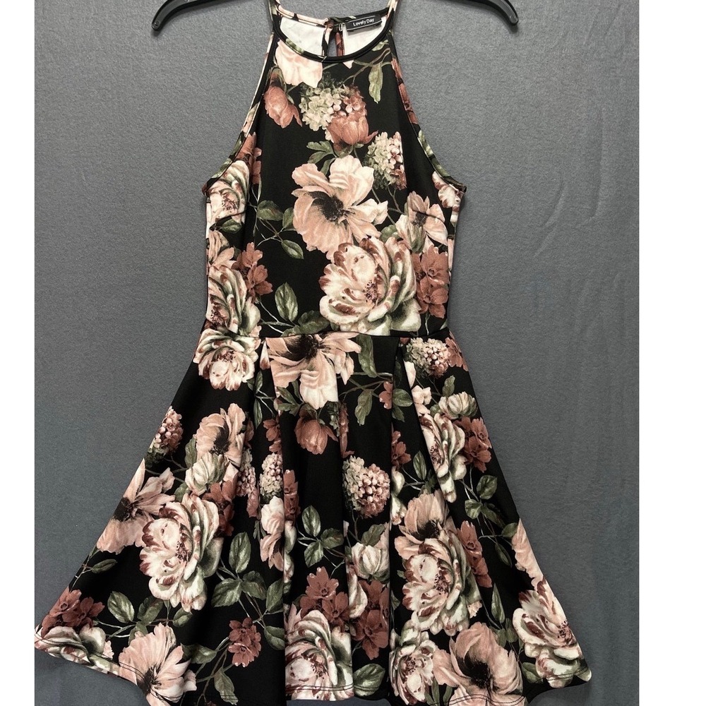 Vintage Dark Floral Halter Skater Dress Womens S 90s Black Fairy Grunge Coquette